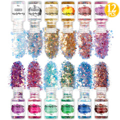Iridescent Pastel Chunky Confetti Glitter Assortment (Set of 12) | Sparkle Hexagon Glitter and Glitter Powder Mix | Bling Bling Nail Designs