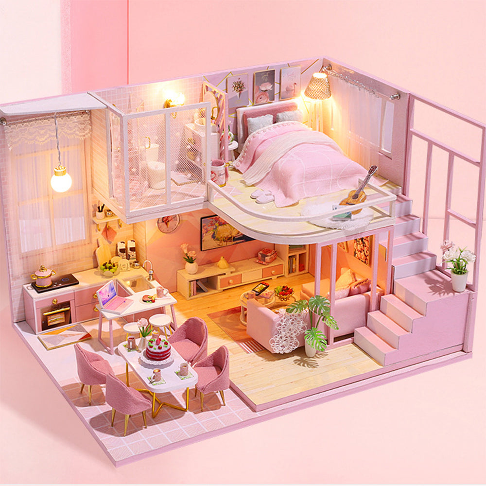 DIY Miniature Dollhouse Kit with Kitchen Living Room Dinning Room Bedroom  Toilet in 1:24 Scale | Pink Doll House with Furnitures for Girls