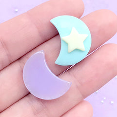 Pastel and Glitter Moon Cabochons | Star Moon Embellishments | Decoden Supplies | Kawaii Jewelry Making (8 pcs / 16mm x 21mm)