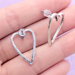 Kawaii Stud Earrings with Heart Open Bezel | Heart Deco Frame for Resin Filling | UV Resin Jewelry Making (1 pair / Tibetan Silver / 15mm x 22mm)