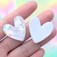 Glittery Heart Cabochon with Iridescent Flakes | Kawaii Decoden Piece with Glitter | Phone Case Decoration (3 pcs / White / 27mm x 27mm)