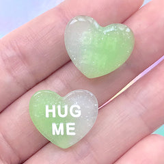 Hug Me Conversation Heart Cabochon | Glittery Sweetheart Decoden Piece | Faux Sugar Candies (3 pcs / Green White / 19mm x 16mm)