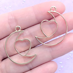 Heart and Moon Open Bezel Pendant | Magical Girl Charm | Kawaii UV Resin Jewelry DIY (2 pcs / Gold / 22mm x 29mm)