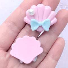 Kawaii Seashell with Bow and Pearl Cabochons | Mermaid Decoden Piece | Beach Embellishments | Kawaii Jewelry DIY (3 pcs / Pink / 30mm x 25mm)