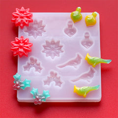 Christmas Embellishment Silicone Mold Assortment for Resin Art (8 Cavity) | Christmas Ornament Poinsettia Turkey Vultures Holly Ivy Mould