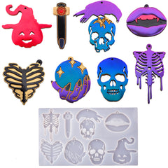 Halloween Ornament Silicone Mold (8 Cavity) | Kawaii Goth Jewelry DIY | Skull Skeleton Crystal Ball Pumpkin Vampire Mould | Resin Art Supplies