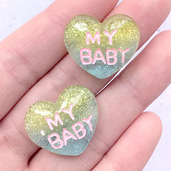 DEFECT My Baby Heart Cabochons | Kawaii Cabochon with Glitter | Decoden Phone Case Making (2 pcs / 23mm x 20mm)