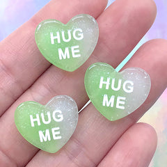Hug Me Conversation Heart Cabochon | Glittery Sweetheart Decoden Piece | Faux Sugar Candies (3 pcs / Green White / 19mm x 16mm)