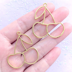 Cherry Open Bezel Pendant | Cute Fruit Charm | Kawaii Deco Frame for UV Resin Jewelry Making (2 pcs / Gold / 34mm x 37mm)