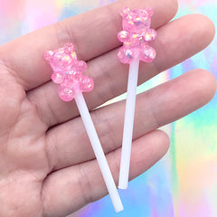 Bear Pop Cabochon | Fake Candy Embellishment | Faux Bear Lollipop | Kawaii Food Jewelry Making (2 pcs / Pink / 13mm x 60mm)