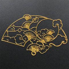 Ginkgo Leaf Handheld Fan Metal Bookmark Charm | Oriental Deco Frame for UV Resin Filling | Open Bezel Pendant (1 piece / 69mm x 43mm)