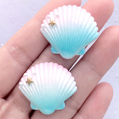 CLEARANCE Kawaii Seashell Cabochon with Rainbow Gradient Color | Beach Embellishments | Decoden Supplies (2 pcs / Pink & Blue / 27mm x 26mm)