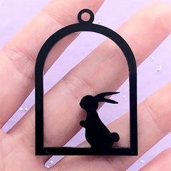 Black Acrylic Open Bezel Charm | Rabbit in Bird Cage Pendant | Bunny Deco Frame for UV Resin Craft (1 piece / Black / 34mm x 49mm / 2 Sided)