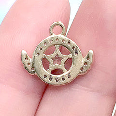 Rhinestone Magic Circle with Angel Wings Charm | Bling Bling Magical Girl Pendant | Kawaii Jewelry Supplies (1 piece / Gold / 15mm x 13mm)