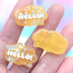 Hello Bubble Balloon Cabochon | Kawaii Resin Pieces for Decoden | Glittery Flat Back Embellishment (3 pcs / Orange / 28mm x 18mm)