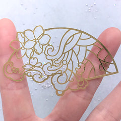 Sakura Handheld Fan Metal Bookmark Charm | Cherry Blossom Deco Frame | Flower Open Bezel for Resin Jewellery DIY (1 piece / 70mm x 43mm)
