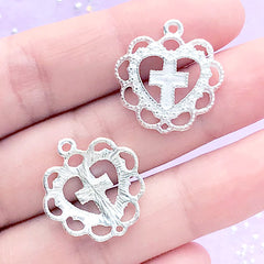 Lolita Heart and Cross Charm | Heart Pendant with Decorative Lace Border | Kawaii Jewellery Supplies (4 pcs / Silver / 20mm x 21mm)