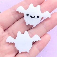 Glittery Bat Cabochons | Kawaii Goth Decoden Phone Case DIY | Halloween Cabochon | Resin Flatback (2 pcs / White / 38mm x 25mm)