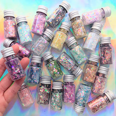 Assorted Chunky Glitter in Iridescent Pastel Colors (Set of 24) | Hexagon Confetti and Glitter Powder Mix | Kawaii Resin Art Supplies