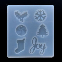 Assorted Christmas Charm and Embellishment Silicone Mold for Resin Craft (6 Cavity) | Peppermint Candy Holly Ivy Snowflake Stocking Tree Joy Mould