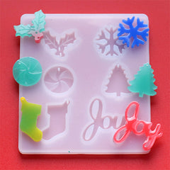 Assorted Christmas Charm and Embellishment Silicone Mold for Resin Craft (6 Cavity) | Peppermint Candy Holly Ivy Snowflake Stocking Tree Joy Mould