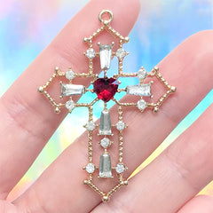 Passion Cross Charm | Hollow Cross Pendant with Rhinestones | Halloween Gothic Jewelry DIY Supplies (1 piece / Gold / 35mm x 49mm)