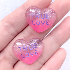 DEFECT True Love Heart Cabochons with Glitter | Glittery Resin Heart Cabochon | Kawaii Decoden Pieces (2 pcs / 23mm x 20mm)