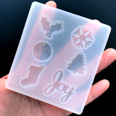 Assorted Christmas Charm and Embellishment Silicone Mold for Resin Craft (6 Cavity) | Peppermint Candy Holly Ivy Snowflake Stocking Tree Joy Mould