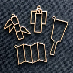 CLEARANCE Japanese Culture Open Bezel for UV Resin Craft | Kimono Bamboo Hagoita Wooden Paddle Folding Screen Deco Frame for Resin Filling (4 pcs / Gold)