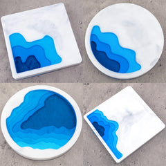 Coastline Coaster Silicone Mold in Round and Square Shapes (4 Cavity) | Beach Coaster DIY | Nature Seashore Landscape Mould (87mm)