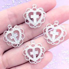 Lolita Heart and Cross Charm | Heart Pendant with Decorative Lace Border | Kawaii Jewellery Supplies (4 pcs / Silver / 20mm x 21mm)