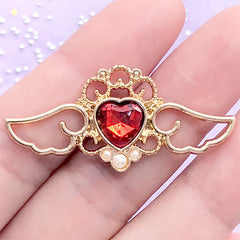 Winged Heart Open Bezel with Rhinestone and Pearl | Magical Angel Wing Charm | UV Resin Jewelry (1 piece / Red and Gold / 41mm x 19mm)