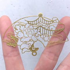 Oriental Peony and Temple Hand Fan Metal Bookmark Charm | Open Bezel for UV Resin Jewelry Making (1 piece / 68mm x 43mm)