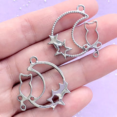 Magical Moon and Kitty Open Bezel Charm | Kawaii Cat Deco Frame for UV Resin Filling | Resin Jewellery DIY (2 pcs / Silver / 28mm x 31mm)