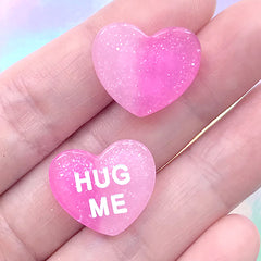 Hug Me Sweetheart Cabochon with Glitter | Conversation Heart Embellishment | Fake Candy | Kawaii Decoden Supplies (3 pcs / Magenta Pink / 19mm x 16mm)