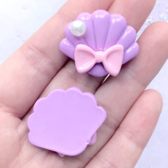 Pastel Seashell with Bow Cabochons | Mermaid Embellishments | Kawaii Jewelry Supplies | Decoden Phone Case (3 pcs / Purple / 30mm x 25mm)