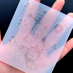 Kawaii Steampunk Embellishment Silicone Mold (9 Cavity) | Skeleton Key Mechanical Bird Clock Gear Parts Mould | Resin Craft Supplies