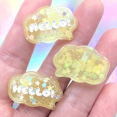 Hello Bubble Speech Resin Cabochon with Confetti and Glitter | Kawaii Decoden Pieces | Cute Embellishments (3 pcs / Yellow / 28mm x 18mm)