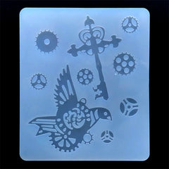 Kawaii Steampunk Embellishment Silicone Mold (9 Cavity) | Skeleton Key Mechanical Bird Clock Gear Parts Mould | Resin Craft Supplies