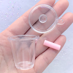 Dollhouse Boba Tea Cup | Miniature Iced Coffee Cup | Kawaii Shake Shake Bubble Tea Keychain DIY (1 Set / Short, Flat Lid and Pink Straw)