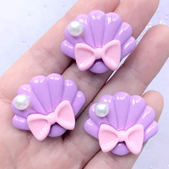 Pastel Seashell with Bow Cabochons | Mermaid Embellishments | Kawaii Jewelry Supplies | Decoden Phone Case (3 pcs / Purple / 30mm x 25mm)