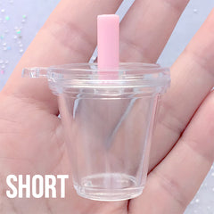 Dollhouse Boba Tea Cup | Miniature Iced Coffee Cup | Kawaii Shake Shake Bubble Tea Keychain DIY (1 Set / Short, Flat Lid and Pink Straw)