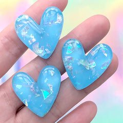 Heart Cabochon with Iridescent Glitter Flakes | Glittery Decoden Piece | Kawaii Embellishment for Phone Case Deco (3 pcs / Blue / 27mm x 27mm)