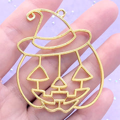 Pumpkin with Hat Open Bezel Pendant | Halloween Deco Frame for UV Resin Filling | Creepy Cute Jewelry DIY (1 piece / Gold / 44mm x 52mm)