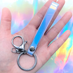 Iridescent Hand Strap Lanyard with Lobster Clasp | Fake Leather Wrist Key Fob | Wristlet Key Holder | Kawaii Accessory Making | Cute Keychain DIY (1 piece / Blue White)