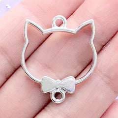 Gentleman Cat Head with Bow Open Bezel Charm | Kawaii Resin Jewellery DIY | Animal Deco Frame (1 piece / Silver / 24mm x 28mm)