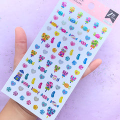 Glittery Candy Stickers | Lollipop Peppermint Sweet Hearts Taffy Bubblegum Gumball Machine Sticker (2 sheets)