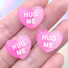 Hug Me Sweetheart Cabochon with Glitter | Conversation Heart Embellishment | Fake Candy | Kawaii Decoden Supplies (3 pcs / Magenta Pink / 19mm x 16mm)