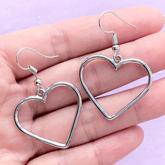Drop Earrings with Heart Open Bezel for UV Resin Filling | Kawaii Jewellery with Heart Deco Frame (1 pair / Silver / 28mm x 25mm)