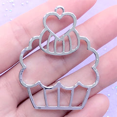 Cupcake Open Bezel for UV Resin Jewelry DIY | Sweet Dessert Charm | Kawaii Deco Frame for Resin Filling (1 piece / Silver / 37mm x 48mm)